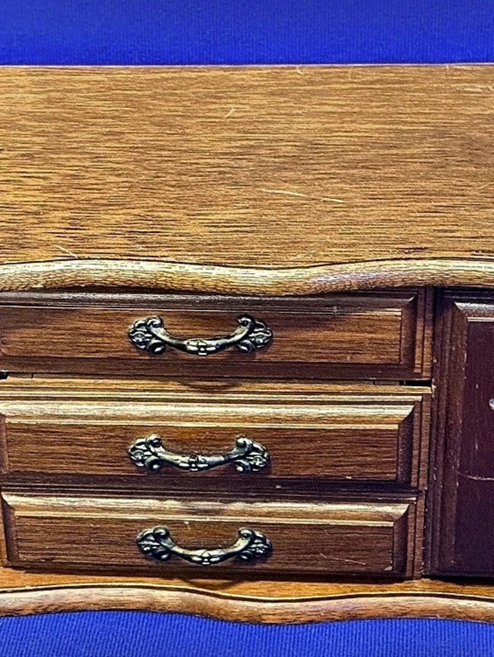 Vintage 1970s Wooden Jewelry Box 3 Drawers Mirror Yellow Velvet Side Compartment
